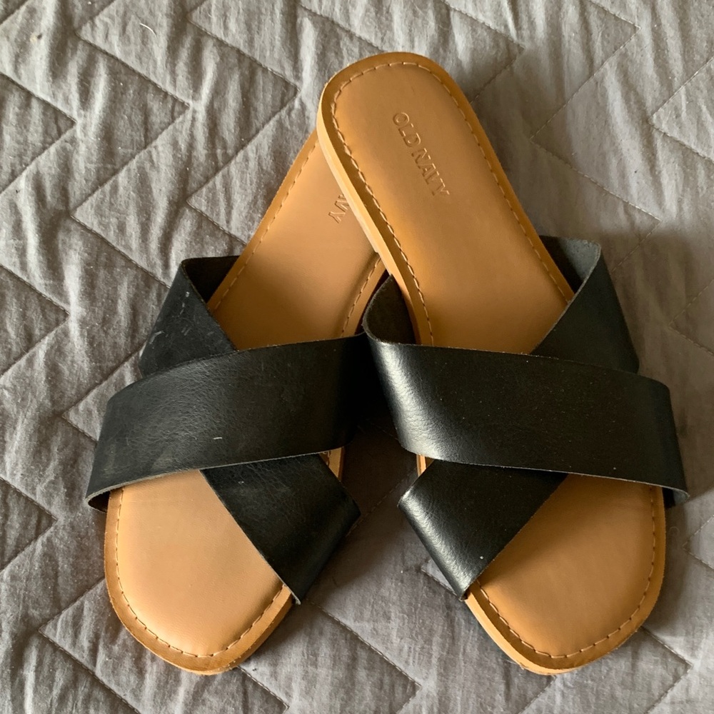 Old Navy Black Crisscross Slide Sandals with Tan Footbed